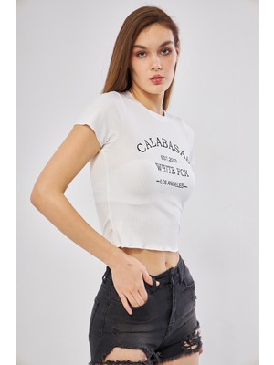 Sassys Mode Kadın Yazılı Beyaz Crop Tshirt