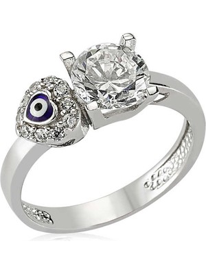 Inure Jewelry Gümüş Kalp Nazarlı Tek Taş Bayan Yüzük
