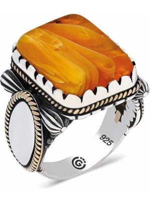 Inure Jewelry Gümüş Turuncu Kaplan Gözü Taşlı Köşeli Erkek Yüzük