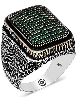 Inure Jewelry Gümüş Yeşil Zirkon Taşlı Kare Erkek Yüzük