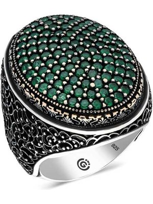 Inure Jewelry Gümüş Yeşil Zirkon Taşlı Oval Erkek Yüzük