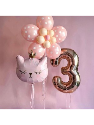Kidspartim Rose Gold Üç Yaş Kedi Balon Seti