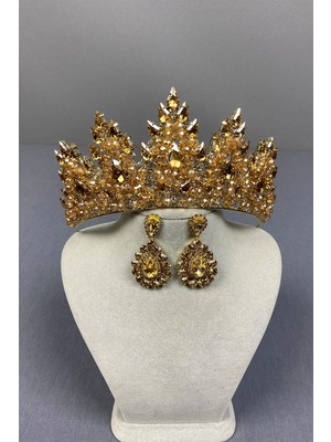 Lotus Boncuk İşlemeli Gelin Kına Tacı Ve Mekik Küpe Seti