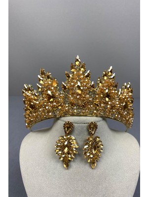 Lotus Boncuk İşlemeli Gelin Kına Tacı Ve Mekik Küpe Seti