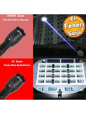 Badem10 El Feneri Şarjlı P50 LED Işıldak Kamp Lambası Gece 800 Metre Uzun Menzil Aydınlatma  Beyaz Işık