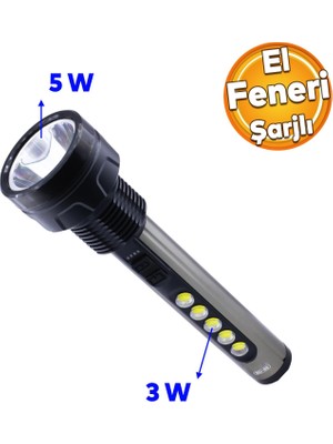 Badem10 El Feneri Şarjlı LED Işıldak Kamp Lambası Gece Aydınlatma 5 W + 3 W Beyaz Işık 1800 Mah
