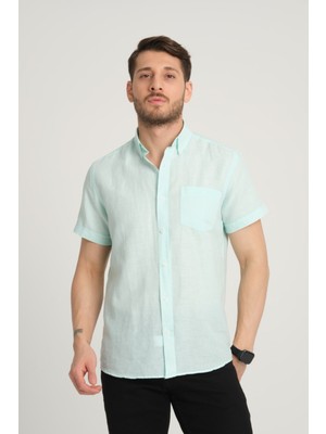 G-Fox Erkek Regular Fit Cepli Klasik Düğmeli Yaka Kısa Kollu %100 Keten Gömlek 2518