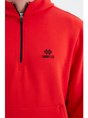 Tommy Life 88281 Erkek Kapüşonlu Yarım Fermuarlı Cep Detaylı Rahat Kalıp Sweatshirt Fiesta