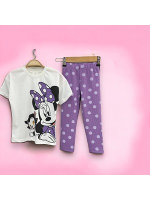 Lolli Boom Kids  Kız Çocuk Kaşkorse Taytlı T-Shirt Takım Mor Puantiye Mickey Baskılı