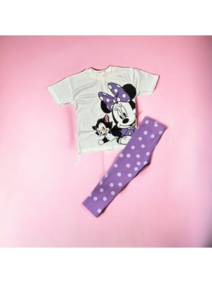 Lolli Boom Kids  Kız Çocuk Kaşkorse Taytlı T-Shirt Takım Mor Puantiye Mickey Baskılı