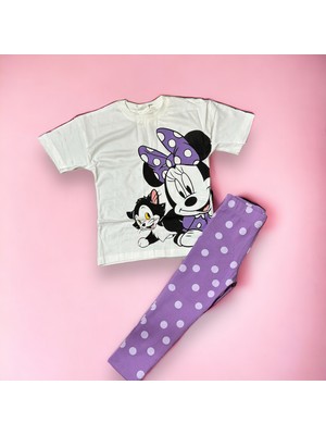 Lolli Boom Kids  Kız Çocuk Kaşkorse Taytlı T-Shirt Takım Mor Puantiye Mickey Baskılı