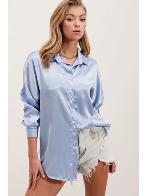 Passense 3985 Oversize Saten Gömlek - Mavi
