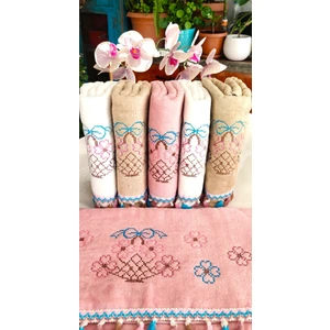 Z&N Style Annem Çeyizlik 50X90 Cm. Kanaviçe Çiçek Desenli Püsküllü Kadife Lüks Havlu Seti 6'lı Set