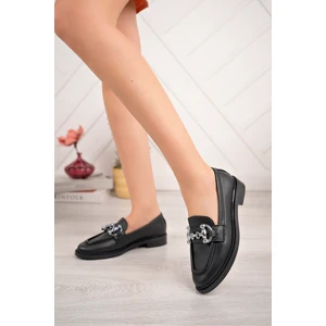 Kadın Siyah Cilt Loafer Tokalı Ayakkabı