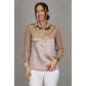 SWEETNESS Kadın Koyu Bej Saten Tül Kollu Abiye Gömlek