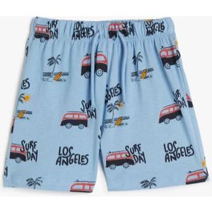 Şort Beli Bağlamalı Lastikli Araba Baskılı Cepli Pamuklu