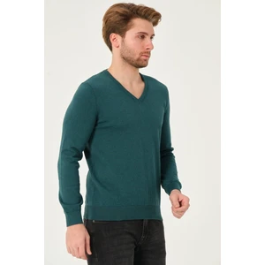MFY Online Erkek %100 Pamuk Düz Triko Kazak V Yaka Tüylenmeyen Standart Fit Normal Kesim Petrol Yeşili
