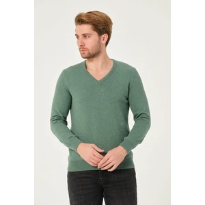 MFY Online Erkek %100 Pamuk Düz Triko Kazak V Yaka Tüylenmeyen Standart Fit Normal Kesim Yeşil Melanj