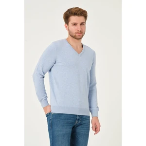 MFY Online Erkek %100 Pamuk Düz Triko Kazak V Yaka Tüylenmeyen Standart Fit Normal Kesim Açık Mavi