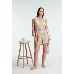 5831 Ip Askılı V Yaka Kadın Cotton Çiçek Desenli Yazlık Dokuma Mini Pijama Takımı Sabahlık