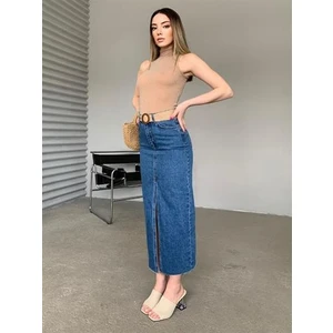 Madame Melek Zr Model Yırtmaç Detaylı Düğmeli Kot Etek Koyu Mavi Midi Diz Boy Likralı