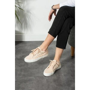 Bej Keten Kumaş Bağcıklı Günlük  Iç Taban Kadın Sneaker