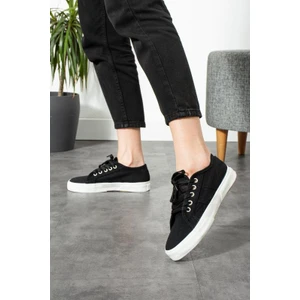 Siyah Keten Kumaş Bağcıklı Günlük  Iç Taban Kadın Sneaker