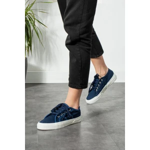 Mavi Keten Kumaş Bağcıklı Günlük  Iç Taban Kadın Sneaker