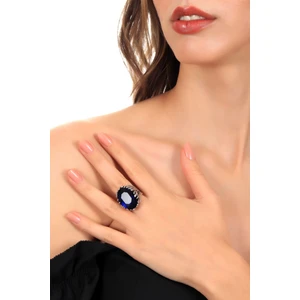 Kadın Antik Gümüş Kaplama Lapis Renk Swarovski Taş Detaylı Ayarlanabilir Oval Formlu Tasarım Yüzük
