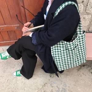 Sumicorn Design Koyu Yeşil Pötikareli Çevre Dostu Bez Çanta,cepli Keten Kol ve Omuz Çantası,unisex Alışveriş Çantası