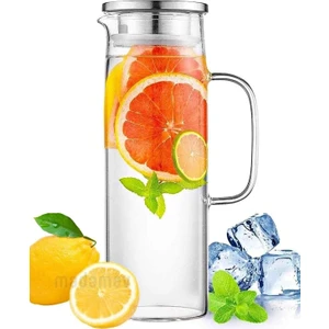 Borosilikat Cam Sürahi Kulplu Çelik Kapaklı Soğuk Sıcak Kokteyl Meşrubat Karaf Cam Sürahisi 1500 ml