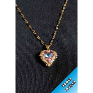 Trend Collection Kadın Paslanmaz Çelik Gold Zirkon Taşlı Pembe Kalp Kolye