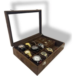 Dijital Çarşı Richbox 9'lu Saat Bileklik Bilezik Yüzük Kol Düğmesi Çok Amaçlı Takı Kutusu Süet Kahve