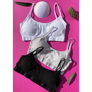 Pedli 3'lü Siyah, Beyaz ve Gri Fitilli Ince Ip Askı Pamuklu Sütyen