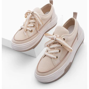 Kadın Yüksek Taban Sneaker Keten Kumaş Bağcıklı Spor Ayakkabı Hesna Bej
