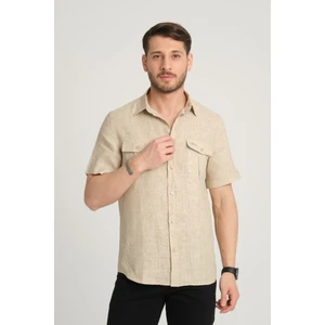 G-Fox Erkek Regular Fit Çift Cepli Klasik Yaka Kısa Kollu %100 Keten Gömlek 1983