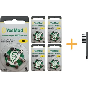 Yesmed Extra Power 10 Numara Işitme Cihazı Pili (5 Paket x 6 Adet = 30 Adet Pil) + Hediye Mıknatıslı Işitme Cihazı Temizleme Fırçası