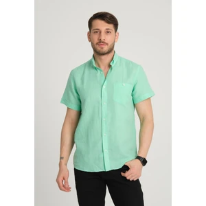 G-Fox Erkek Regular Fit Cepli Klasik Düğmeli Yaka Kısa Kollu %100 Keten Gömlek 2518