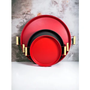 hemlife 3 Lü (51, 37, 30 Cm) Ahşap Kulplu Metal Tepsi Çay Tepsisi Kahve Tepsisi Sunum Tepsi Seti