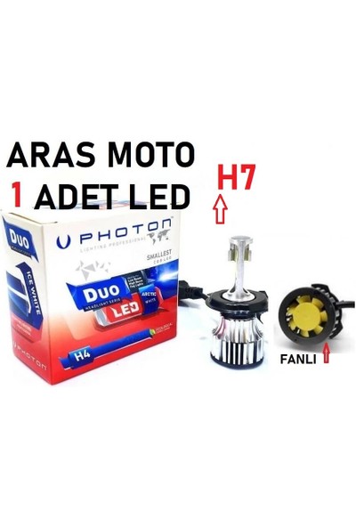 Aras Moto Motosiklet H7 Photon Fanlı Xenon LED Ampül 12-24 V (Duo Soğutucu Fanlı Model) 1 Adet-Aras Moto