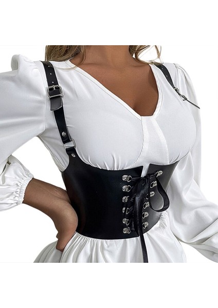 Moda Vintage Gotik Göğüs Desteği Korse Üst Kemer Yelek Kadınlar Için Punk Siyah Pu Deri Metal Toka Lace Up Büstiyer Korseler (Yurt Dışından) fırsatları