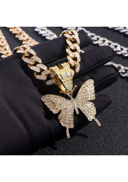 Hip Hop Kadın Erkek Tam Rhinestones Kelebek Kolye Kolye ile 13MM Miami Küba Link Zinciri Kolye Bling Buzlu Out Takı (Yurt Dışından) fiyatları