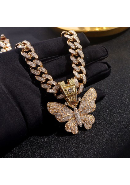 Hip Hop Kadın Erkek Tam Rhinestones Kelebek Kolye Kolye ile 13MM Miami Küba Link Zinciri Kolye Bling Buzlu Out Takı (Yurt Dışından) modelleri