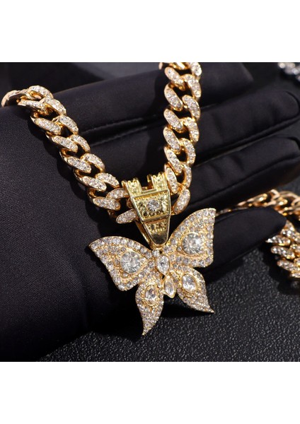 Hip Hop Kadın Erkek Tam Rhinestones Kelebek Kolye Kolye ile 13MM Miami Küba Link Zinciri Kolye Bling Buzlu Out Takı (Yurt Dışından) fırsatları