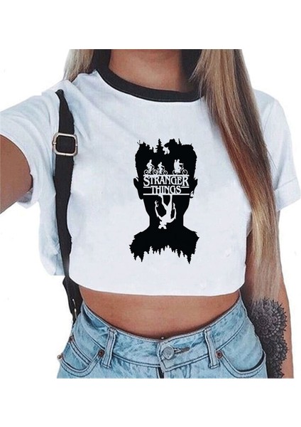 T Shirt Kadın Stranger Şey Harajuku Kısa Kollu Bayan T-Shirt Kırpılmış Üst Stranger Şeyler Mektuplar Baskılı Tees Mujer Kadın (Yurt Dışından)