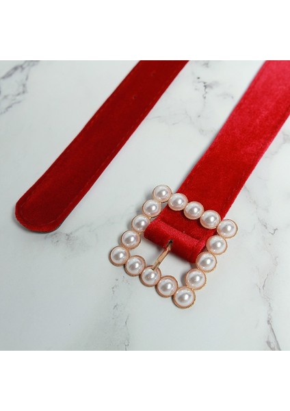 Moda Trendy Kırmızı Kadife Inci Düğme Kadın Kemer Inci Toka Flanel Kayısı Kuşak Kızlar Için Lüks Elbise Ceinture (Yurt Dışından) modelleri