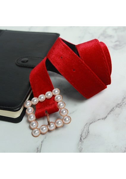 Moda Trendy Kırmızı Kadife Inci Düğme Kadın Kemer Inci Toka Flanel Kayısı Kuşak Kızlar Için Lüks Elbise Ceinture (Yurt Dışından) fırsatları
