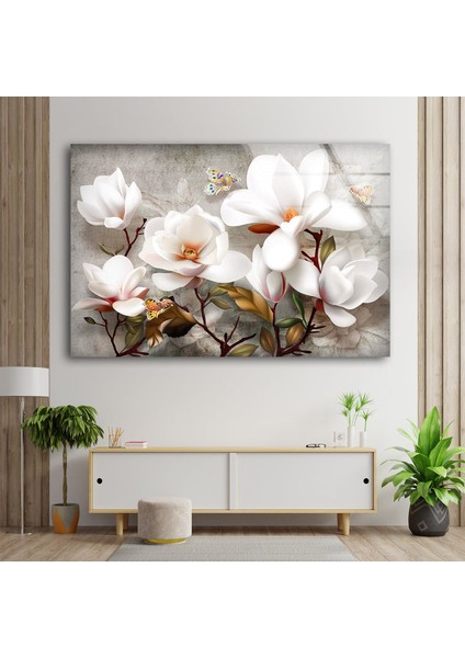 Beyaz Çiçekler Temperli Cam Duvar Tablosu