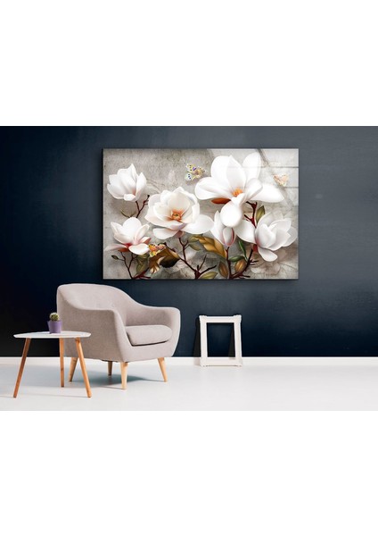 Beyaz Çiçekler Temperli Cam Duvar Tablosu modelleri