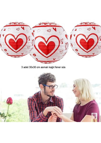 30 cm Beyaz Kırmızı Renk Kalpli Sevgililer Günü Kağıt Fener 1 Adet
